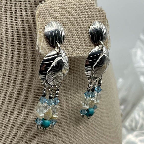 90's Handmade Sterling Silver Double Shell Earrings with Turquoise - Picture 5 of 16